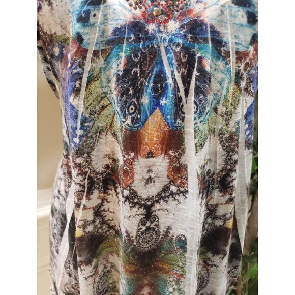 One World Live And Let Live Blouse Top Women Medium Multi Beaded Butterfly Print - Picture 9 of 14